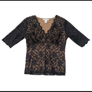 Womens Cabi Top size L Lace Top 3/4 Top Black Low Cut V Neck Fitted